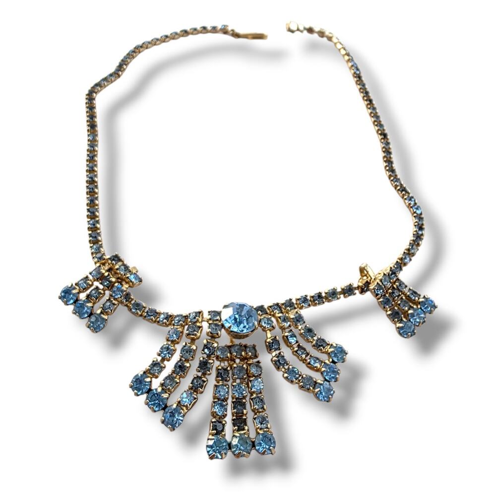 Duane Signed 50's Vintage Crystal Rhinestones Necklace Blue Gold Regency Glam